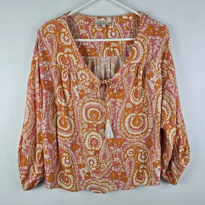 C&C California Orange Swirl Floral Leaf Boho Balloon Sleeve Beachy Blouse Size M